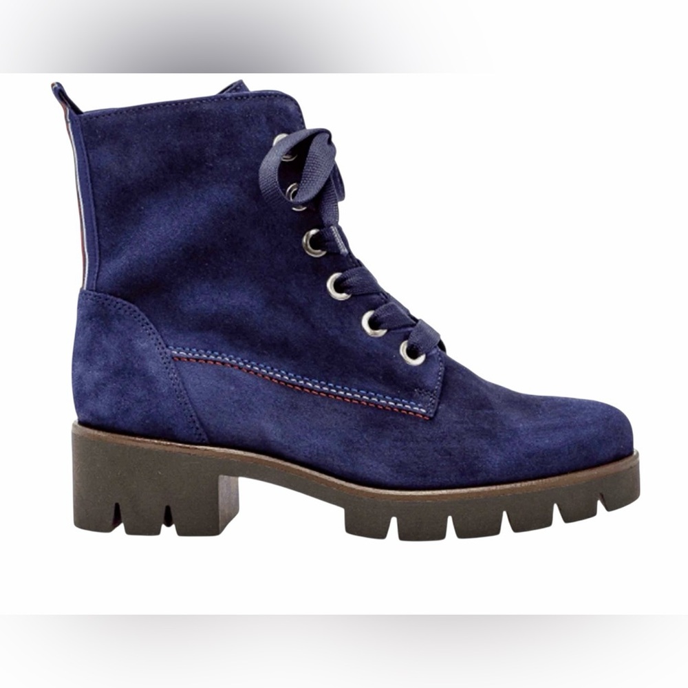 Blue Suede Ankle Boots Gabor Lug Sole Lace Up 711 Red White Stripe US 9.5 UK 7